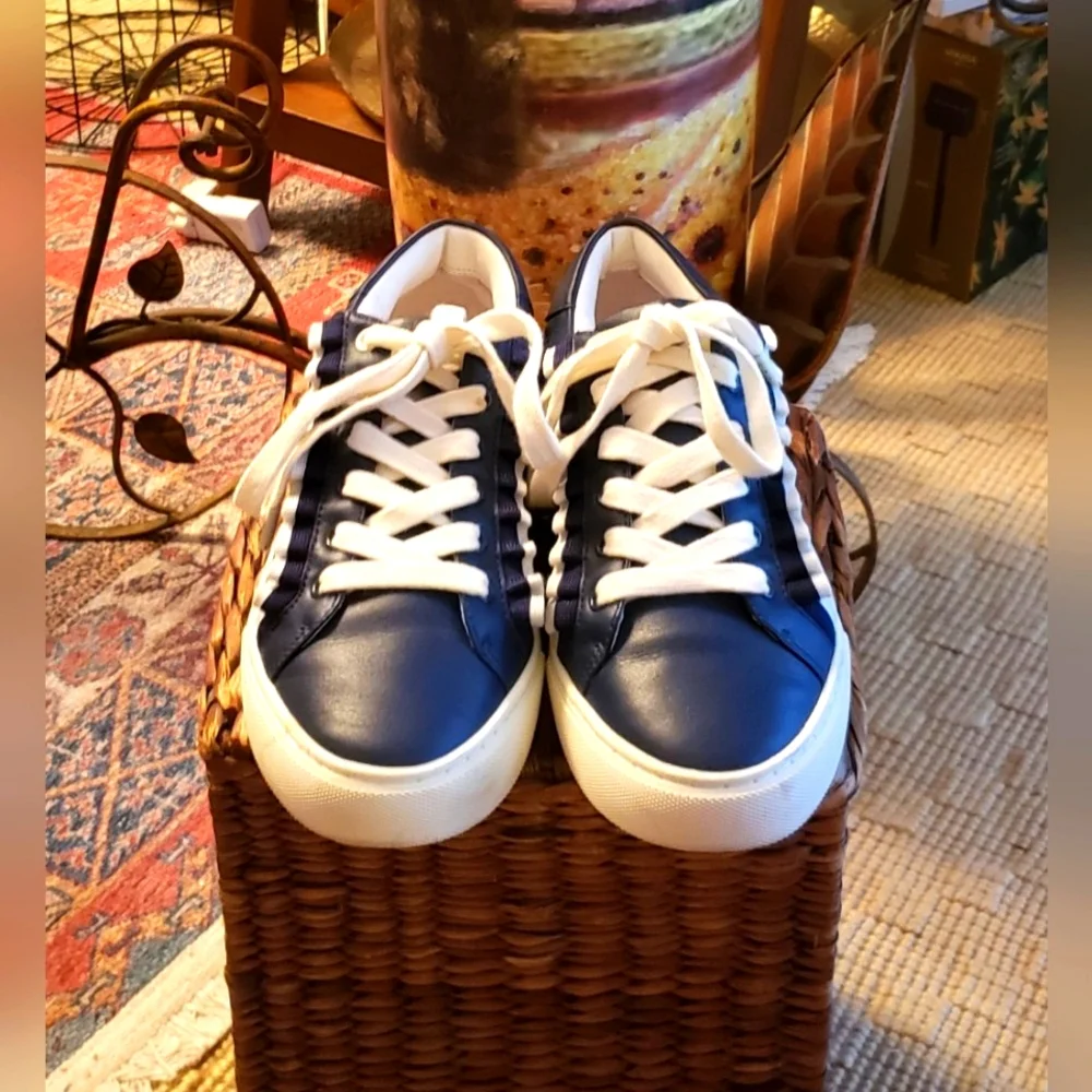 Tory Burch Navy Leather Ruffle Sneakers - Picture 5 of 5